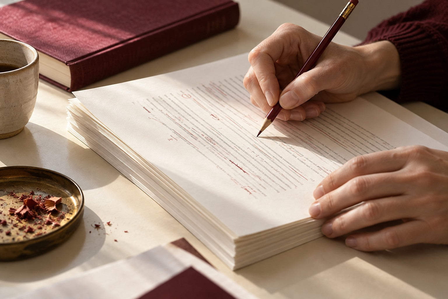 An editor working through a printed manuscript with a pencil